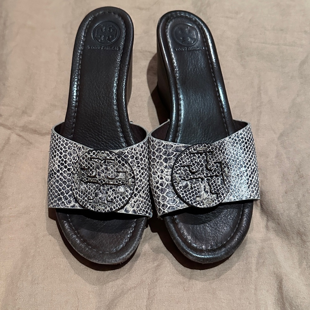 Tory Burch Lowell  Leather 3 in Wedge Slide Slip-on Sandal Logo snakeskin sz 10